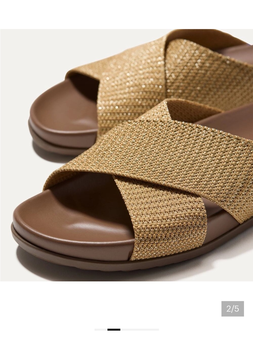 Rothy's Gold Shimmer Cross-Strap Sandals with Brown Footbed